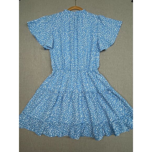 Short Flutter Sleeve Blue Polka Dot Ruffle Skirt Sun Dress Tie Neck, Size Small - Picture 6 of 6